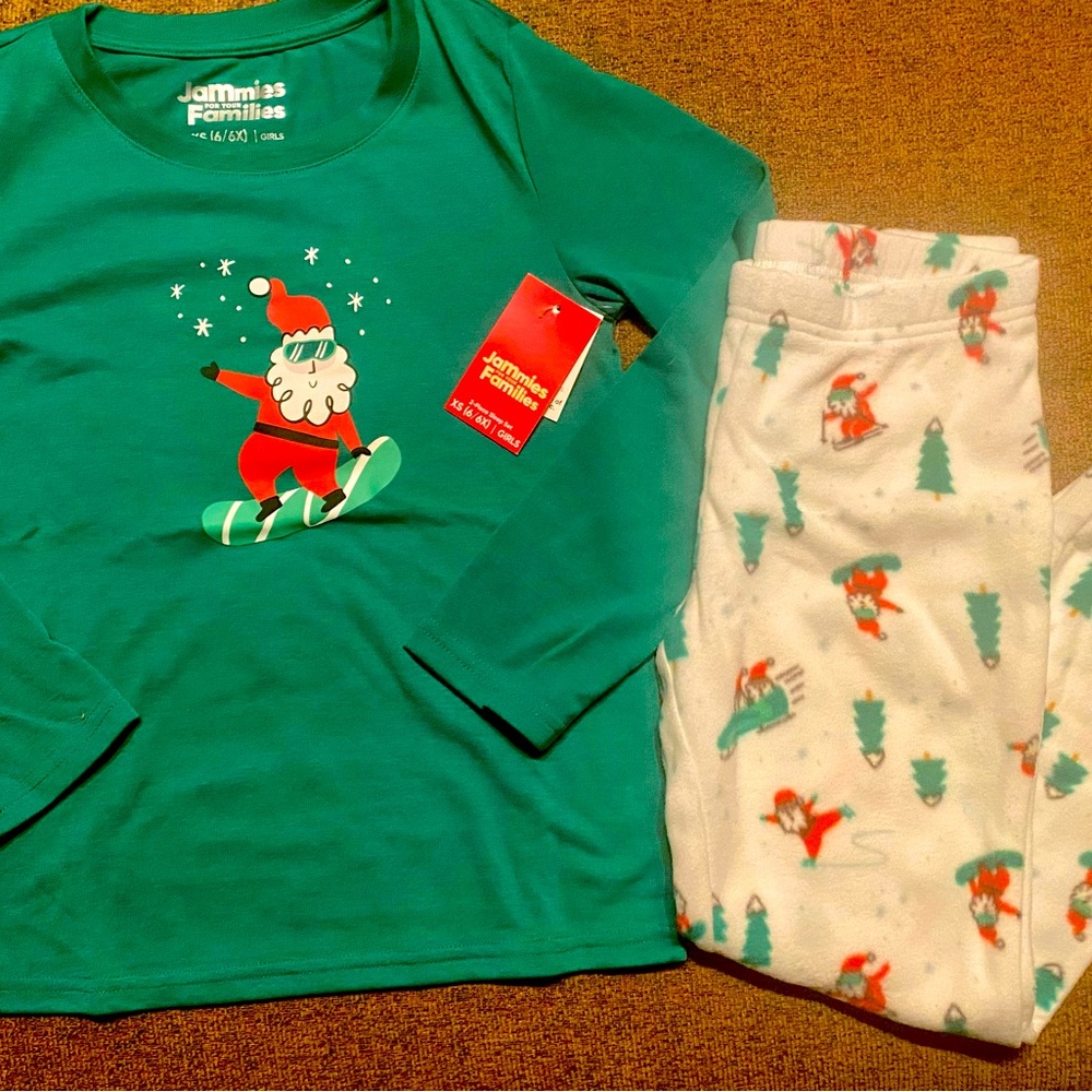NEW Girls Jammies for Your Families Ski Santa pajama set, size 6/6x
